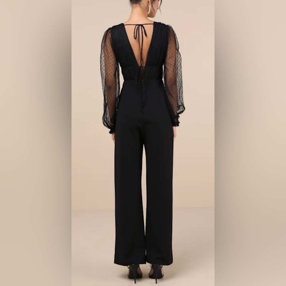 Lulus NWT “Sweet Twist” Black Swiss Dot Tulle Long Sleeve Jumpsuit. Size Small. - Picture 3 of 11